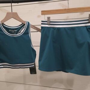 Glyder Teal Crop Top and Skirt with White Stripes